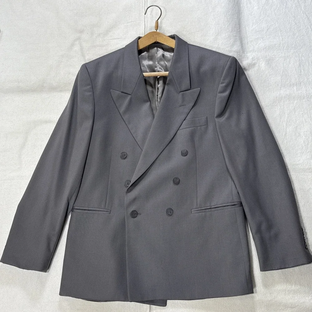 Andre Villard Men's Charcoal Gray Blazer Size 40S 100% Wool Double Breasted